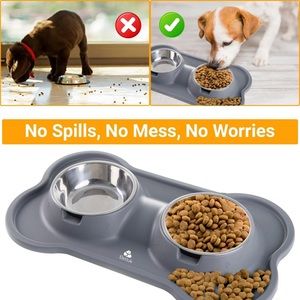 Pet Dog Cat Double Bowl Water Feeder Stainless Steel Medium Food Drinking Dishes